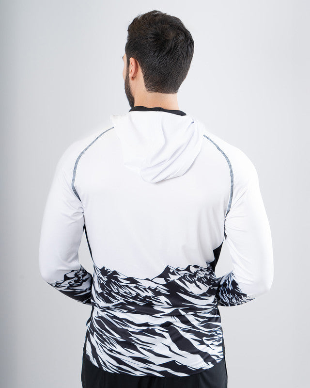 Ambición Performance Tee with Hood, Patrón rocamar blanco, back view, Relaxed fit, Polyester, versatile use