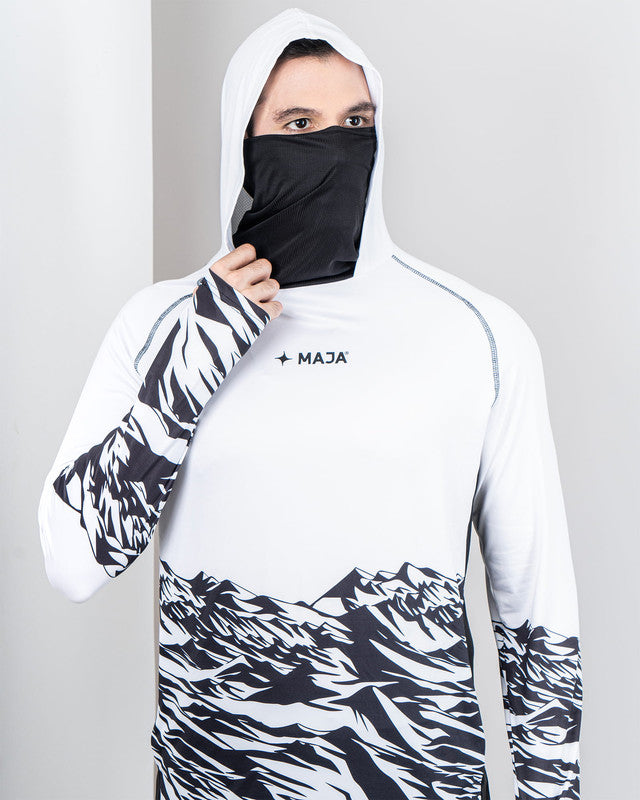 Ambición Performance Tee with Hood, Patrón rocamar blanco, side view, Relaxed fit, Polyester, versatile use