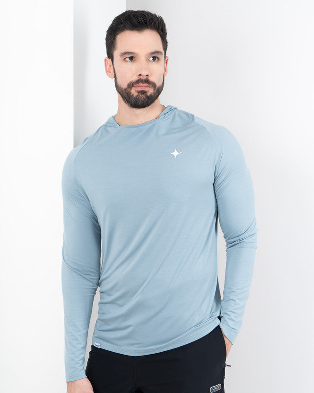 MAJA® Bamboo Performance Hoodie Tee, Azul acero, front view, Relaxed fit, with 4-way stretch fabric, versatile use