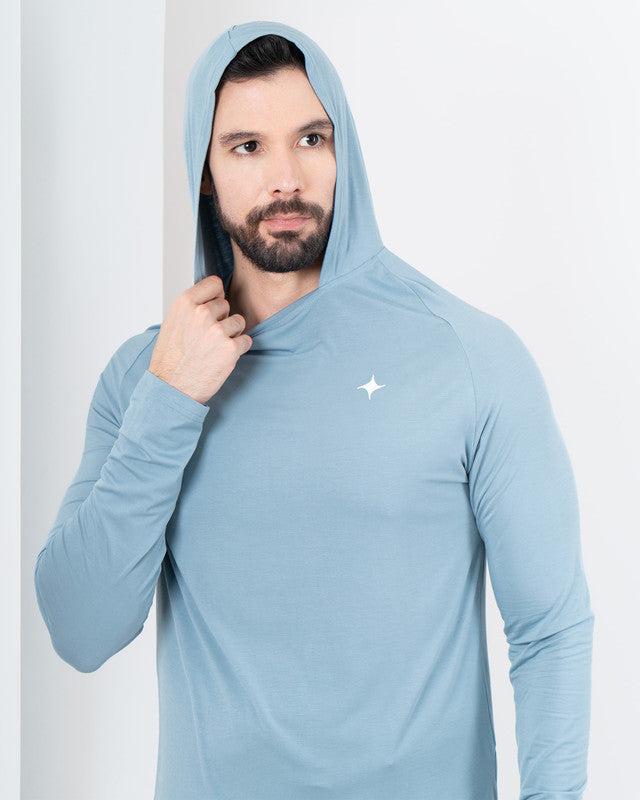 MAJA® Bamboo Performance Hoodie Tee, Azul acero, side view, Relaxed fit, with 4-way stretch fabric, versatile use