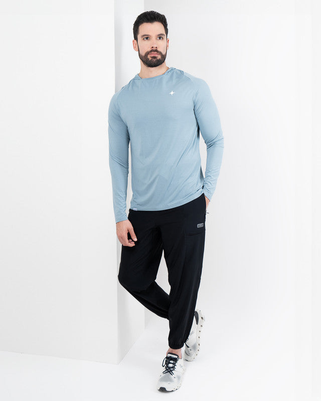 MAJA® Bamboo Performance Hoodie Tee, Azul acero, detail, Relaxed fit, with 4-way stretch fabric, versatile use