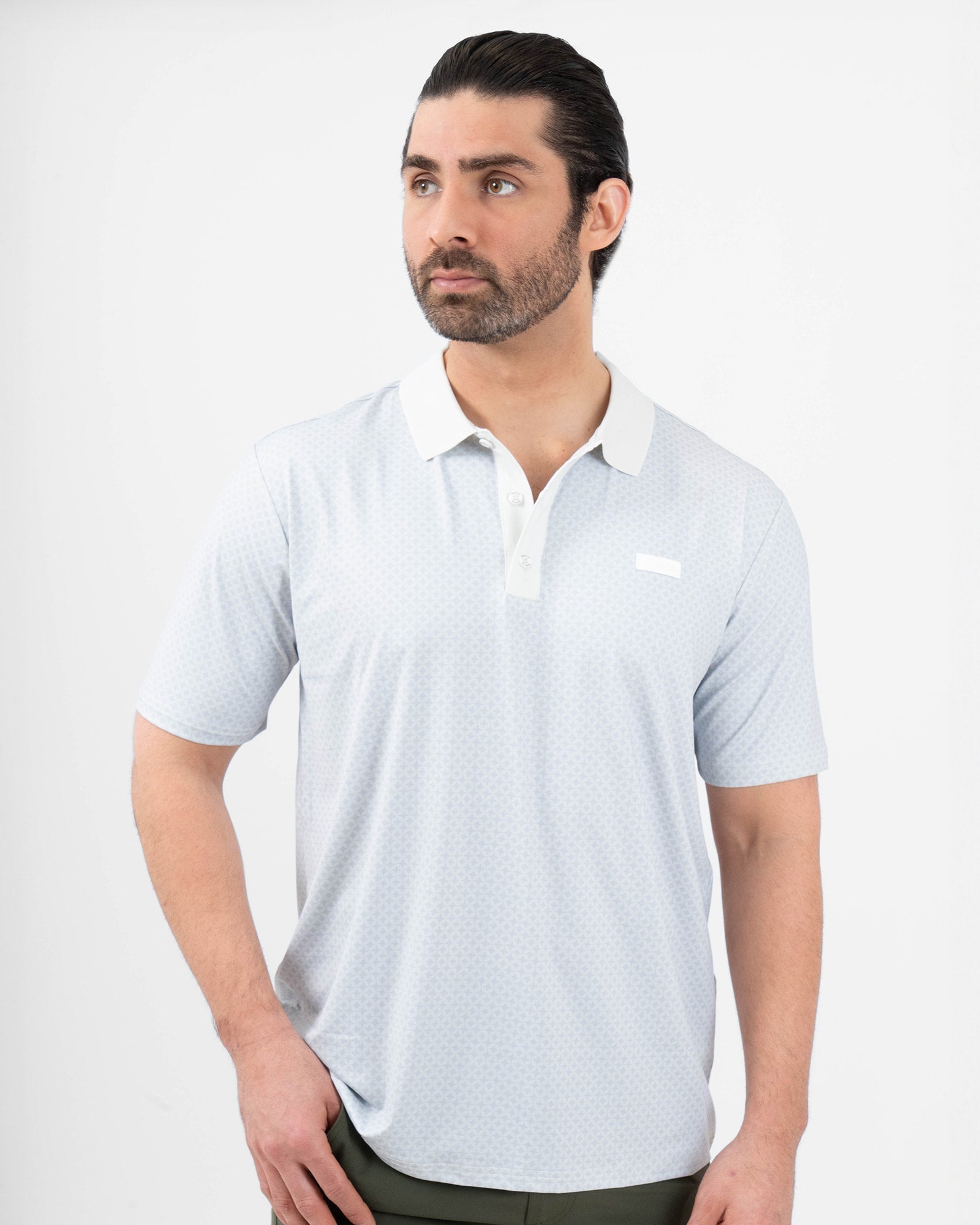 MAJA® Polo, Patrón nube blanco, front view, Regular fit, Polyester, with UPF 50, versatile use
