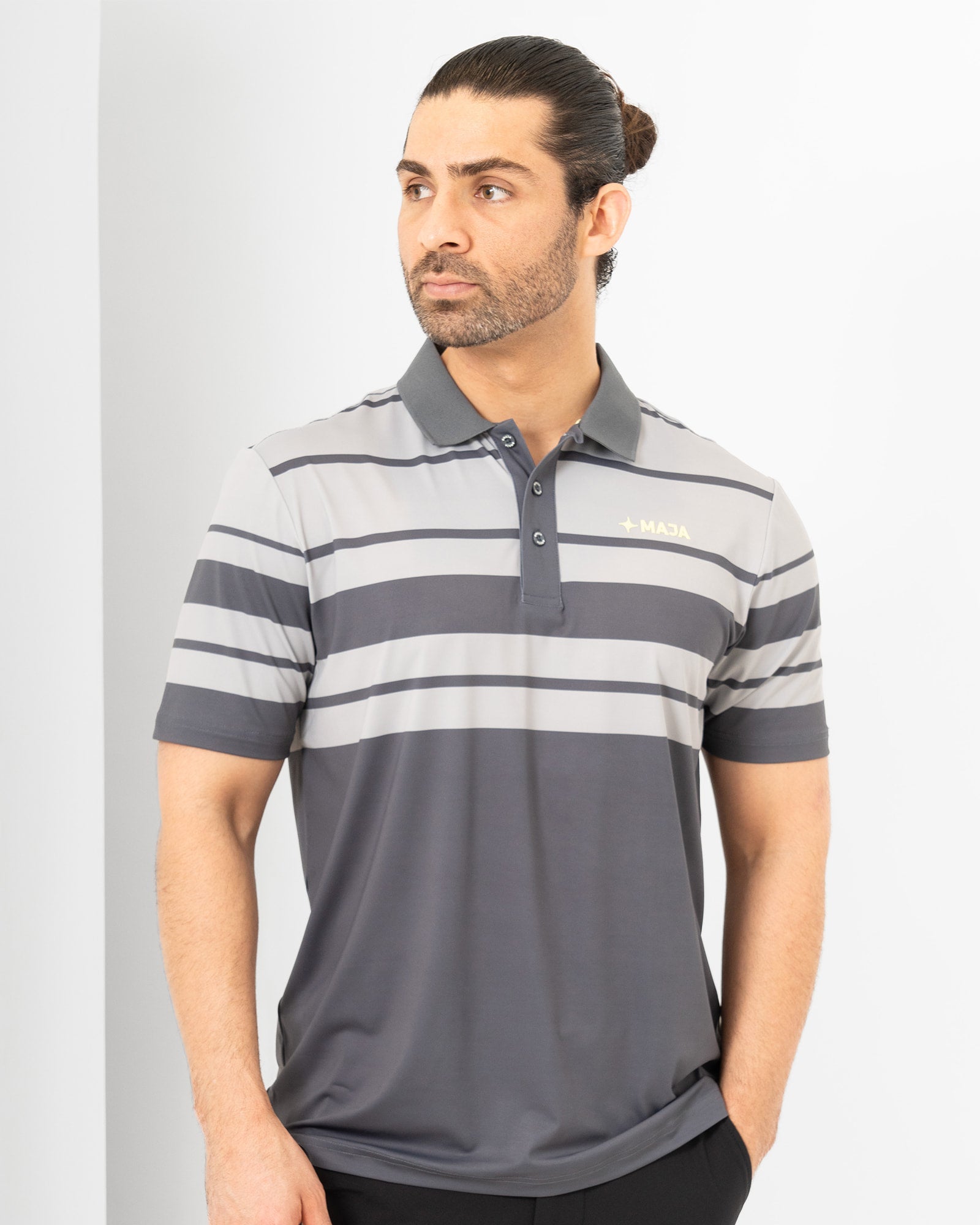 Pure Line Polo, Rayada gris, front view, Regular fit, Polyester, with 4-way stretch fabric, versatile use