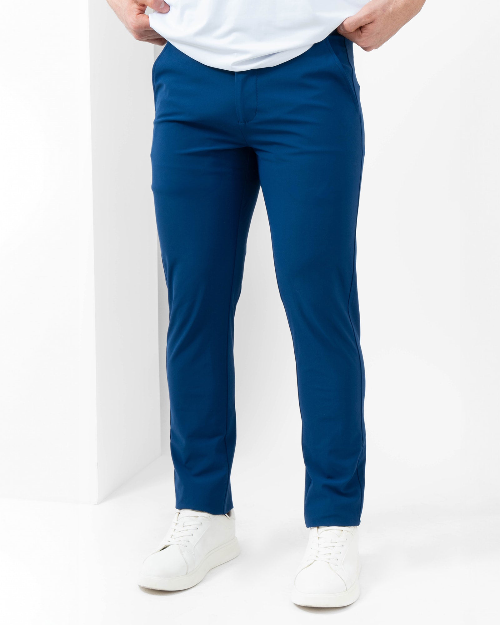 Slim Pants, Navy Blue, front view, Slim fit, Polyester, with 4-way stretch fabric, versatile use