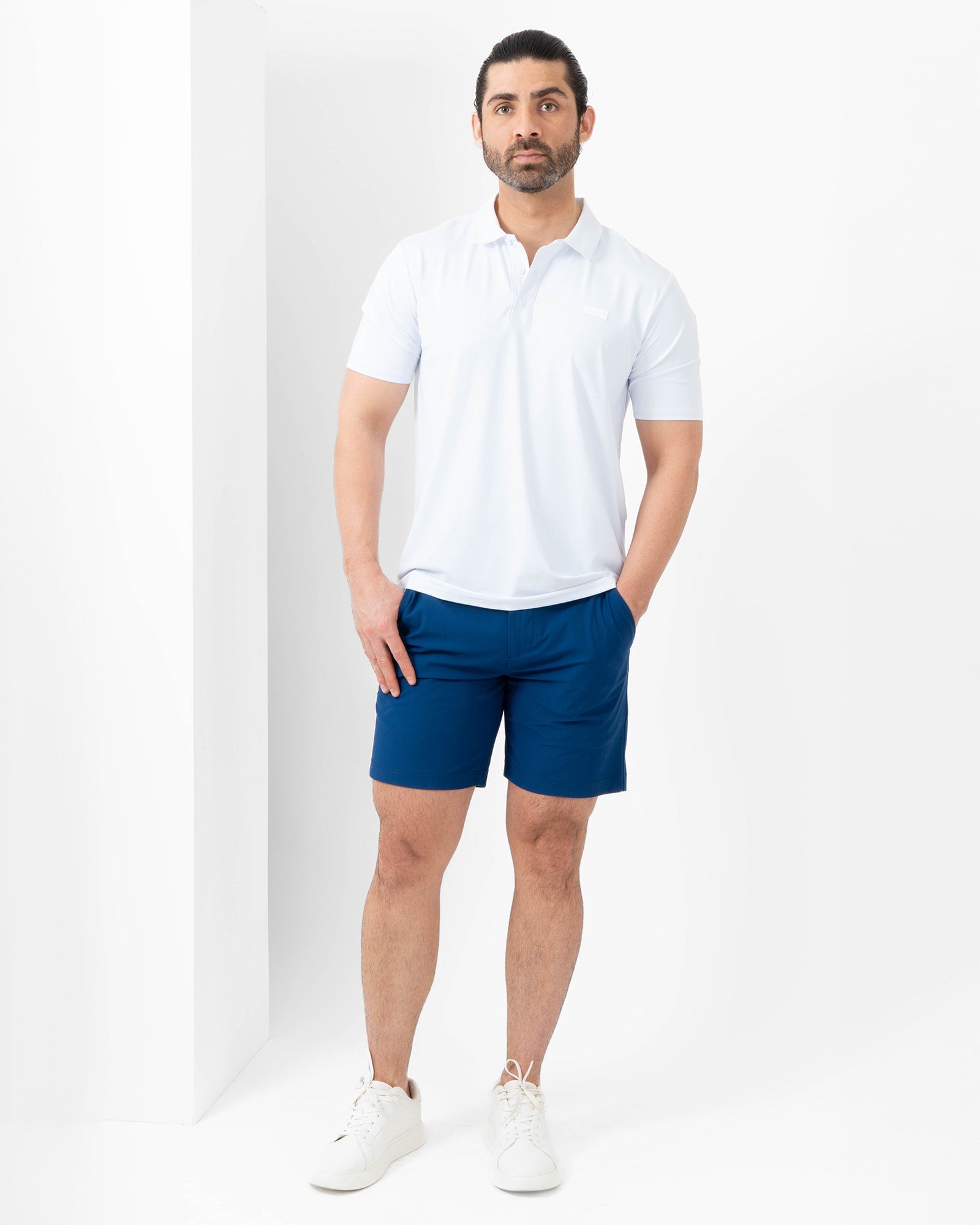 MAJA® Slim Formal Shorts, Navy Blue, detail, Slim fit, Polyester, with 4-way stretch fabric, comfortable for training