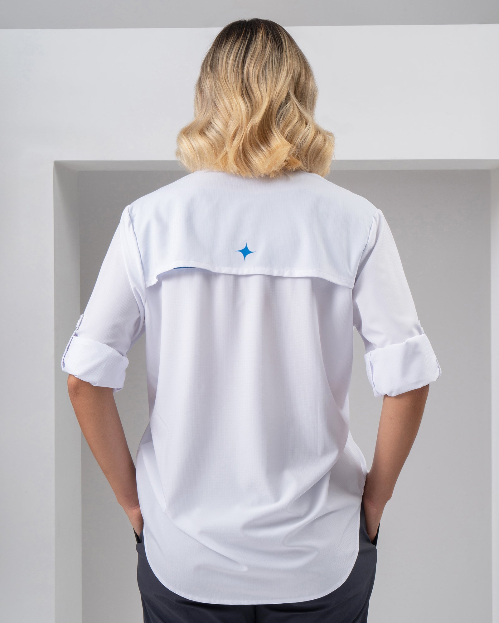 MAJA® Outdoor Signature Shirt, White, back view, Regular fit, Polyester, with ripstop, ideal for office