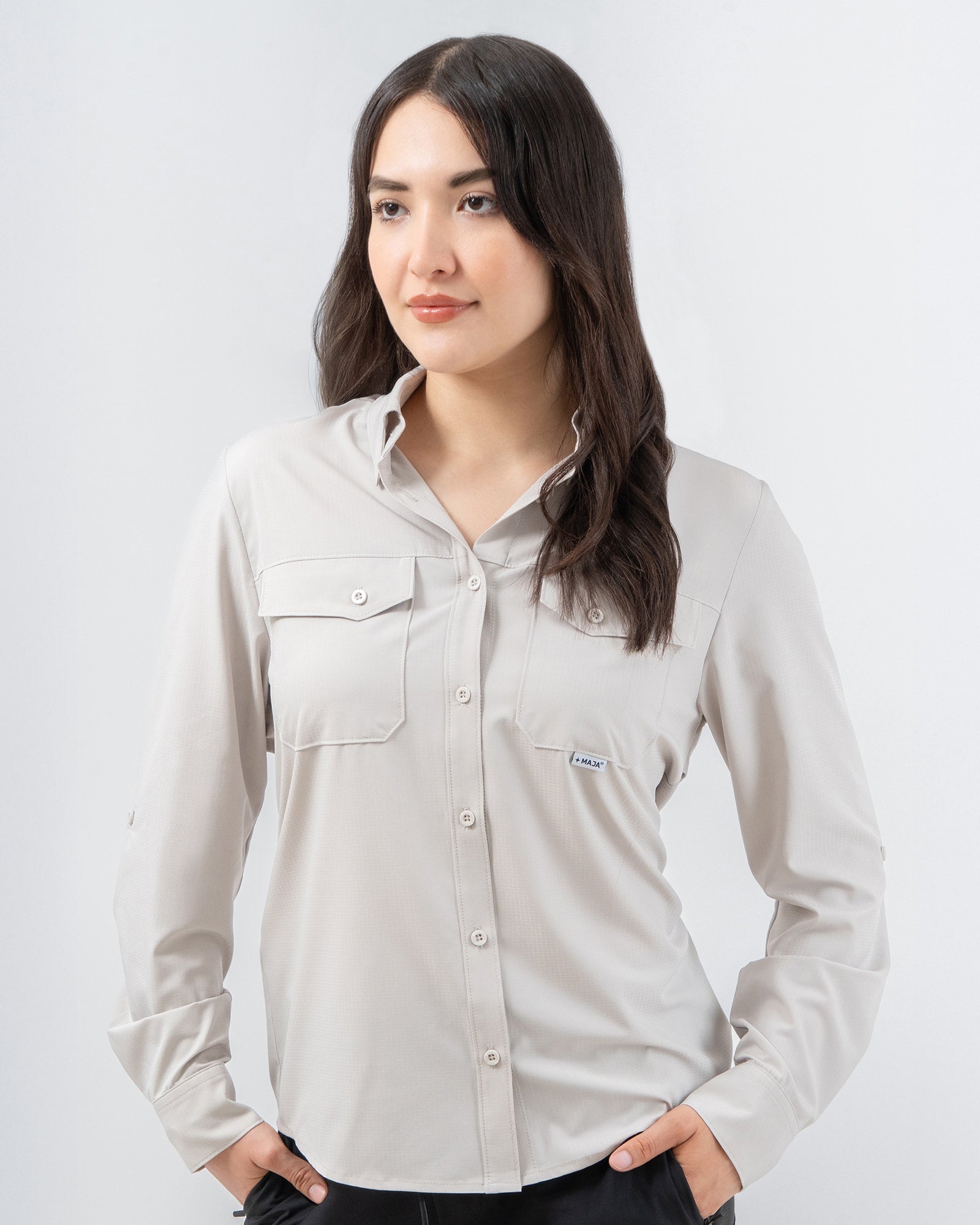MAJA® Outdoor Signature Shirt, Gray, front view, Regular fit, Polyester, with ripstop, ideal for office