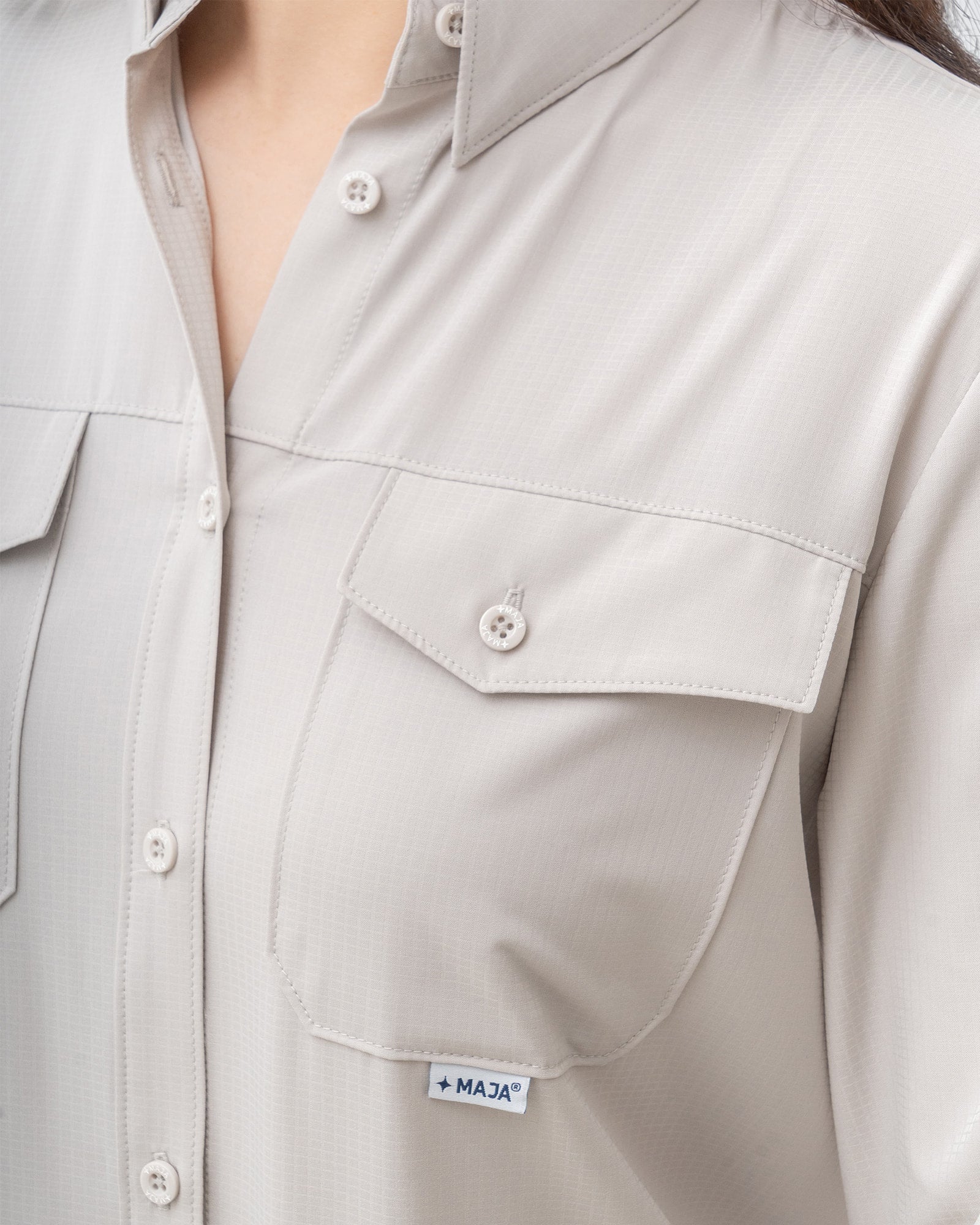 MAJA® Outdoor Signature Shirt, Gray, side view, Regular fit, Polyester, with ripstop, ideal for office