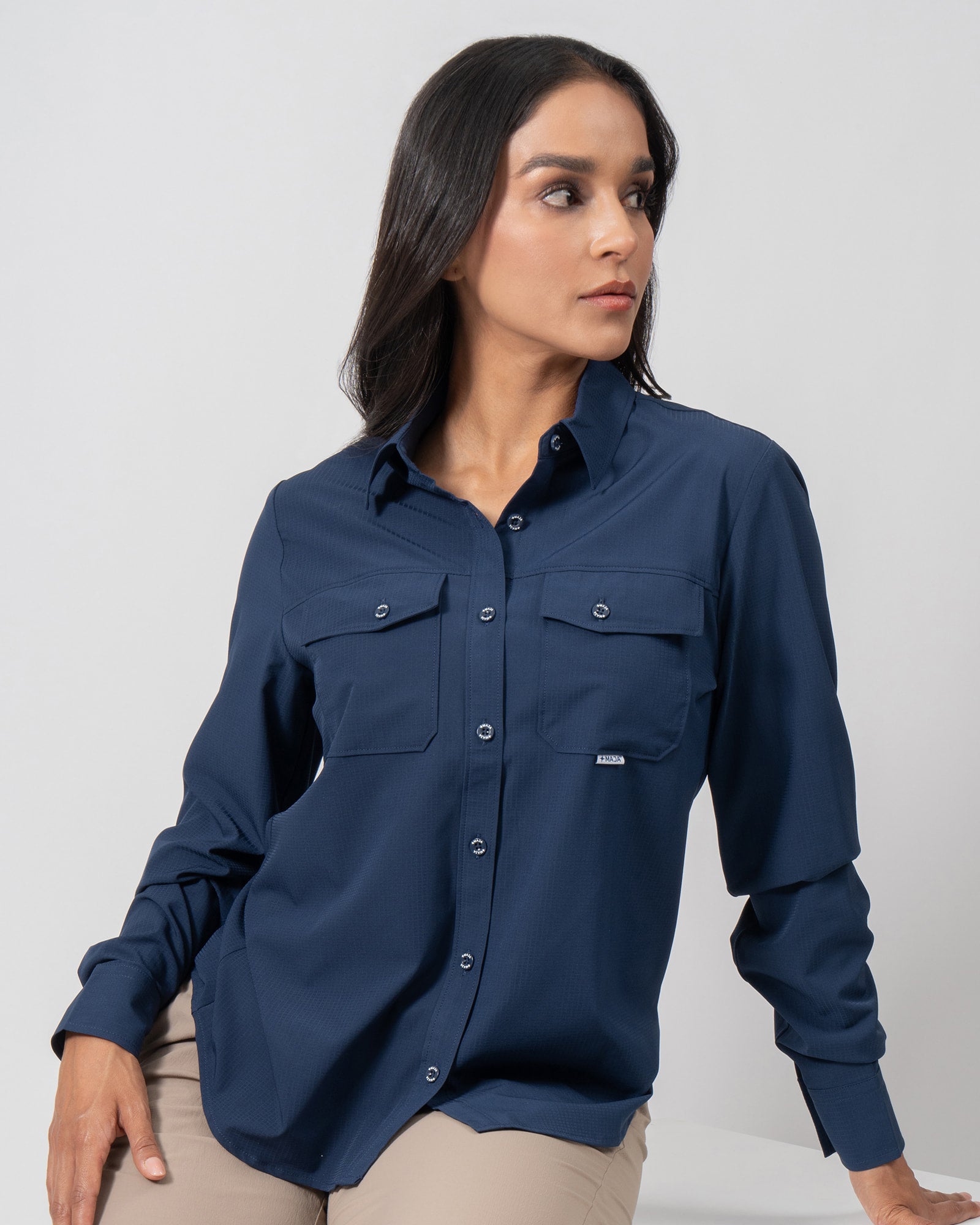 MAJA® Outdoor Signature Shirt, Navy Blue, front view, Regular fit, Polyester, with ripstop, ideal for office