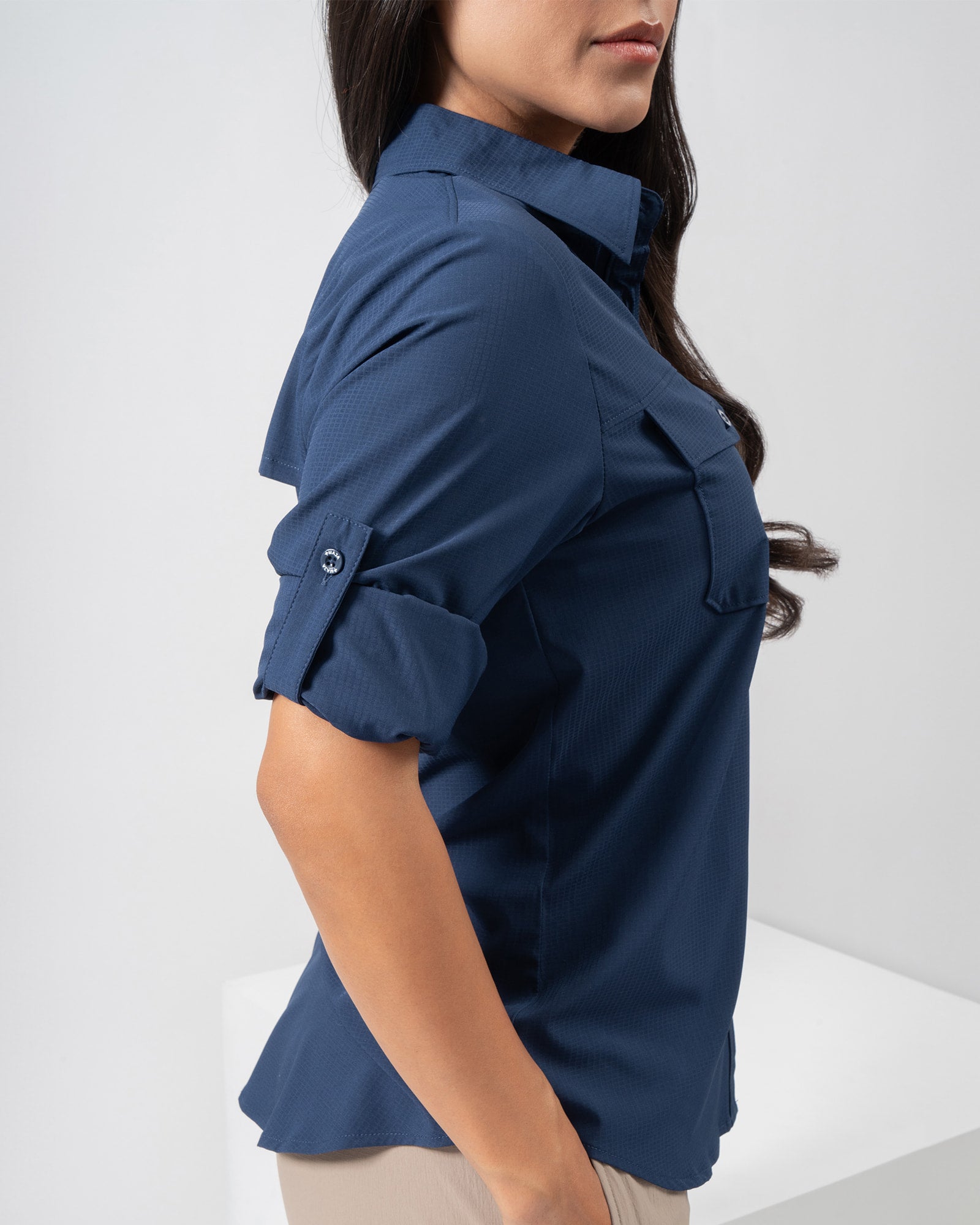 MAJA® Outdoor Signature Shirt, Navy Blue, side view, Regular fit, Polyester, with ripstop, ideal for office
