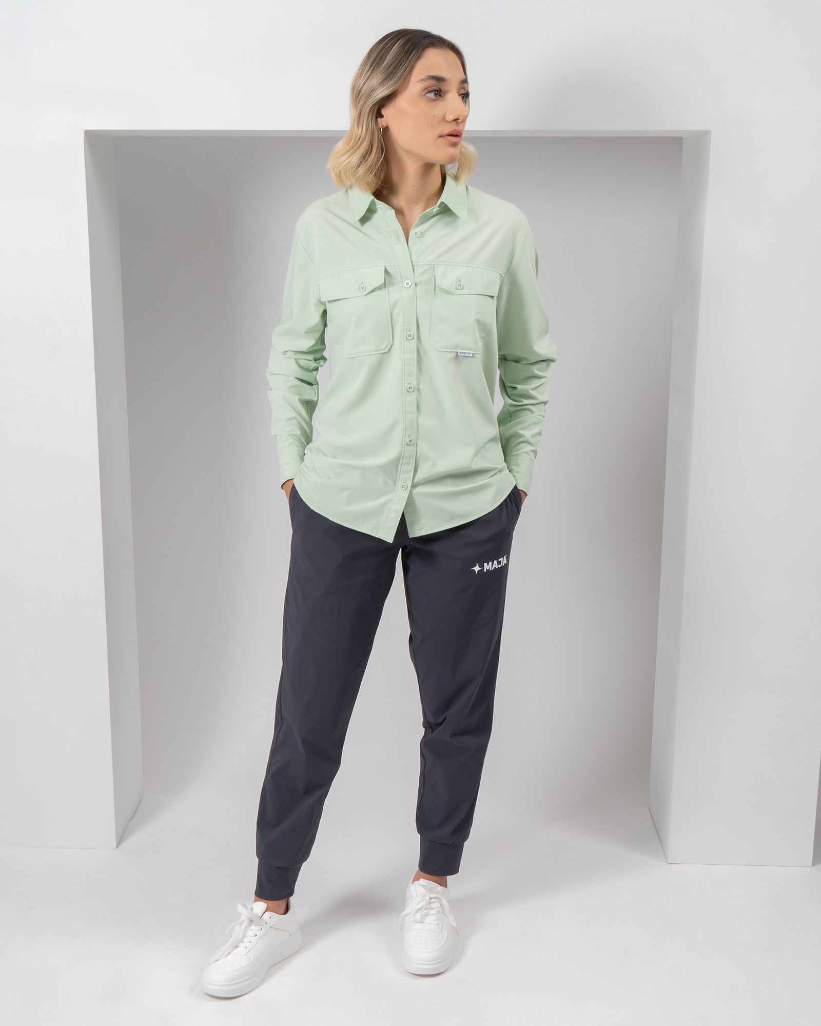 MAJA® Outdoor Signature Shirt, Green, detail, Regular fit, Polyester, with ripstop, ideal for office