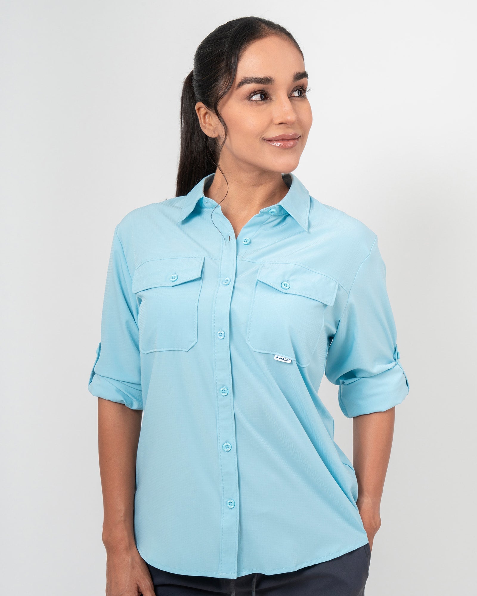 MAJA® Outdoor Signature Shirt, Sky Blue, front view, Regular fit, Polyester, with ripstop, ideal for office